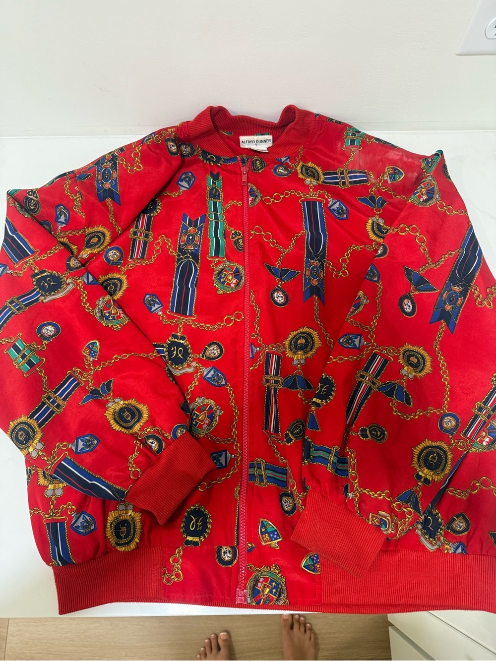 Alfred Dunner Red Bomber Jacket with Navy & Gold Chain Print